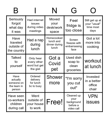Since covid started/ working remote Bingo Card