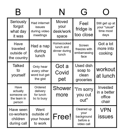 Since covid started/ working remote Bingo Card
