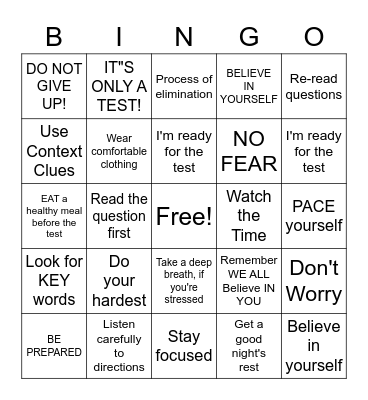 Test-Taking Tips Bingo Card