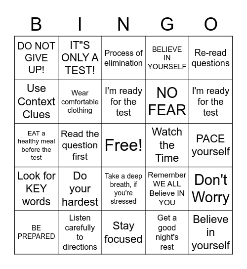 Test-Taking Tips Bingo Card