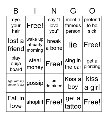I never never... Bingo Card