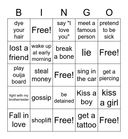 I never never... Bingo Card