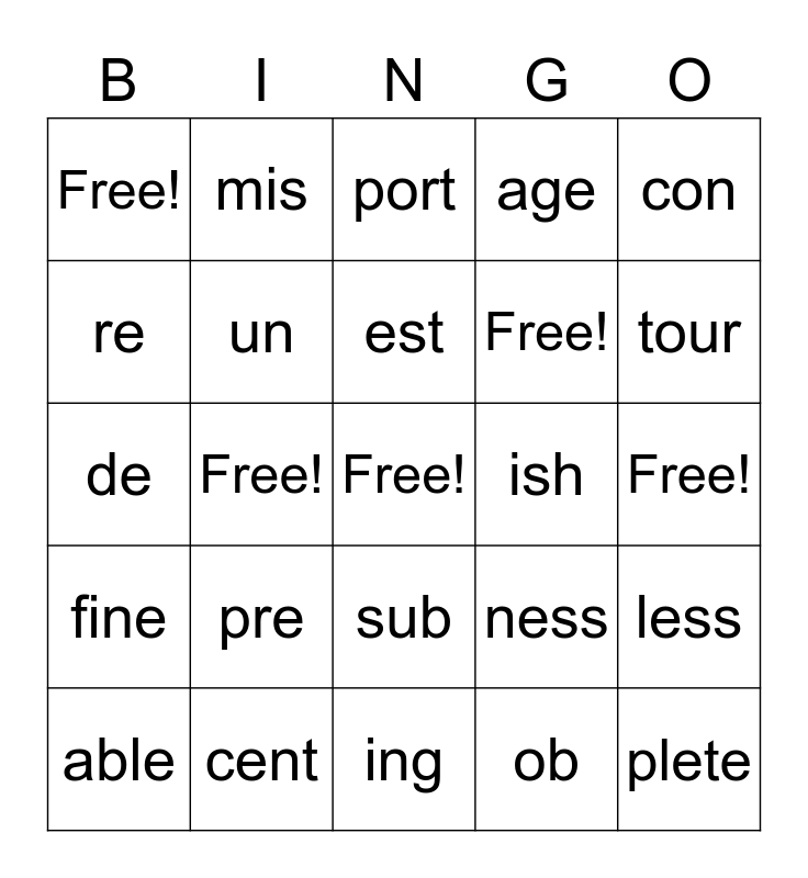 VOCABULARY PRACTICE - prefix/suffix Bingo Card