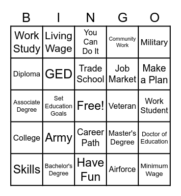 Life Pathways Bingo Card