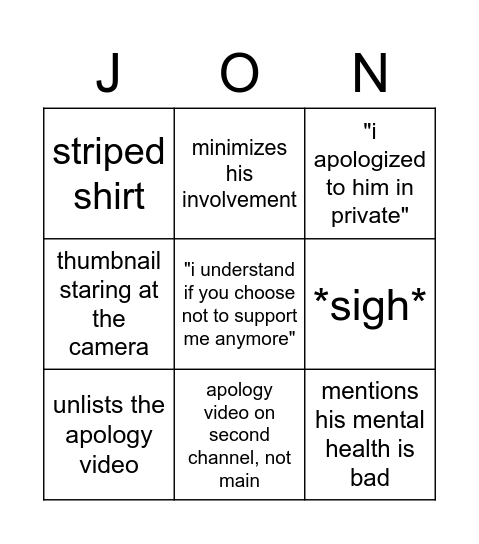 John Swan Apology Video Bingo Card