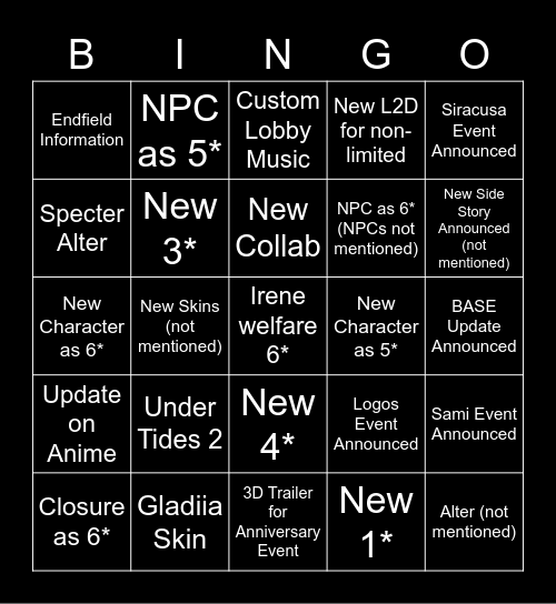 3rd Anni. Stream Bingo Card