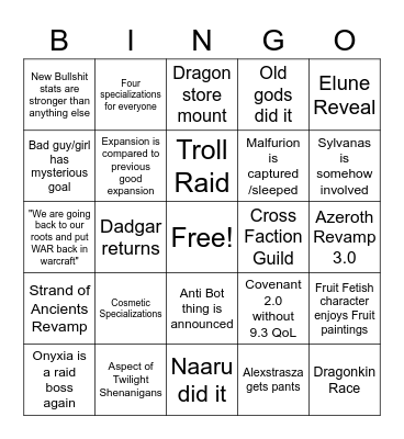 WoW expansion Reveal Bingo Card