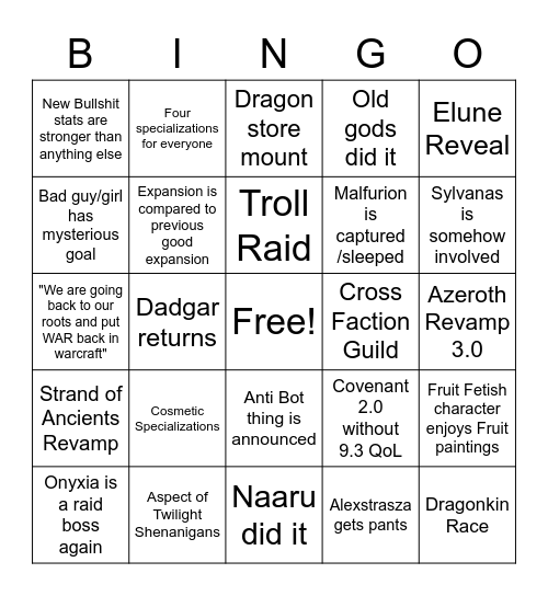 WoW expansion Reveal Bingo Card