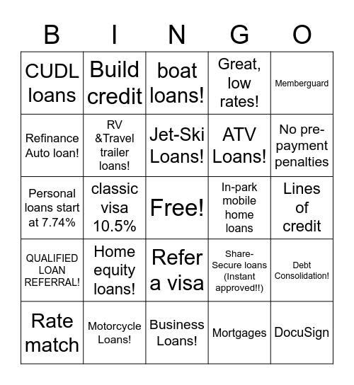 let our members know that we offer: Bingo Card