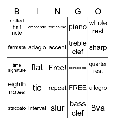 Musical Bingo Card
