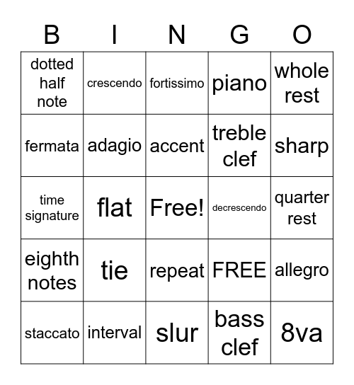 Musical Bingo Card