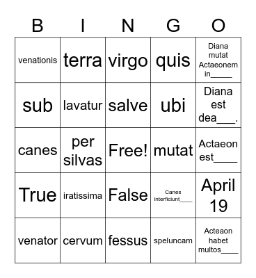 Diana & Actaeon Bingo Card