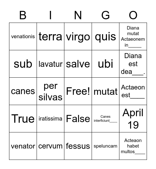 Diana & Actaeon Bingo Card