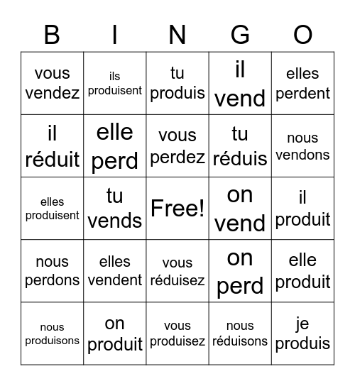 Environnement: Conjuguer perdre, vendre, produire, réduire Bingo Card