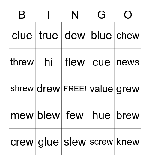 -ew       -ue Bingo Card