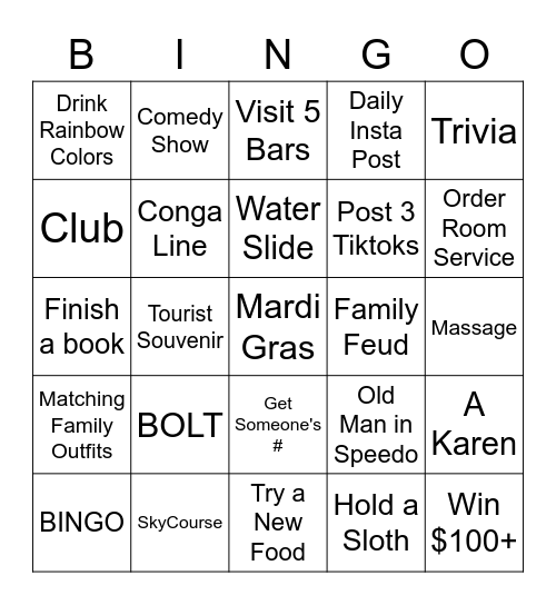 Mardi Gras Cruise Bingo Card