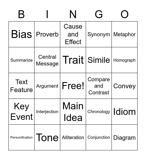 Language Arts Vocab Bingo Card