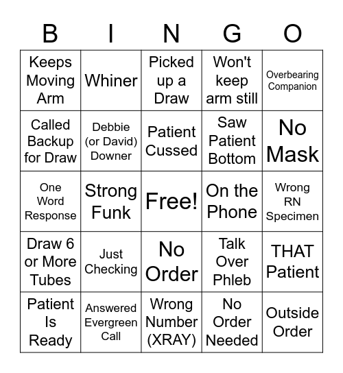 PHLEBOTOMY BINGO Card