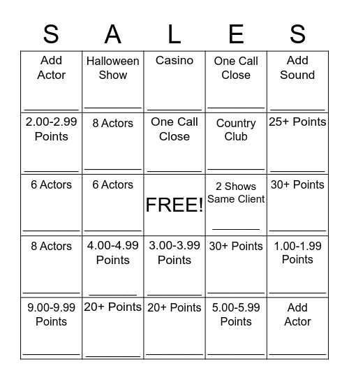 Private Events Department Bingo Card