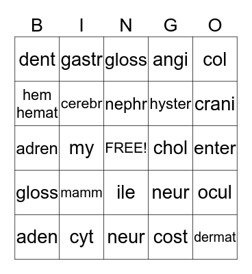 MEDICAL TERMINOLOGY Bingo Card