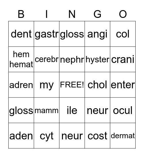 MEDICAL TERMINOLOGY Bingo Card