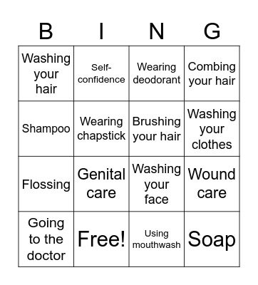 Personal Hygiene Bingo Card