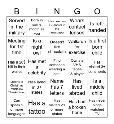 "Get to Know You" Bingo Card