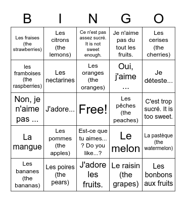 Les fruits Bingo Card