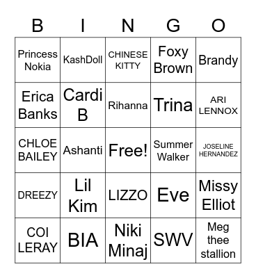 Female Rappers Bingo Card