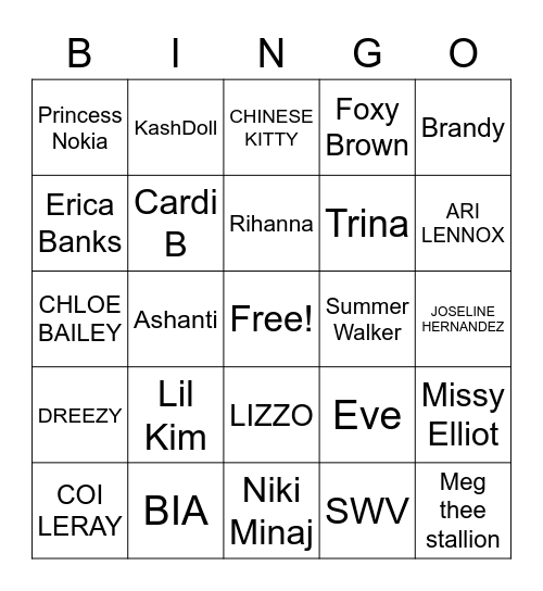 Female Rappers Bingo Card