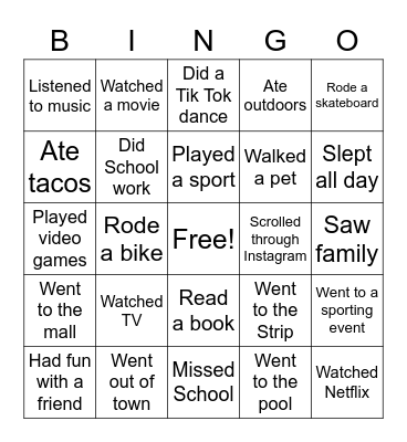 Spring Break BINGO Card