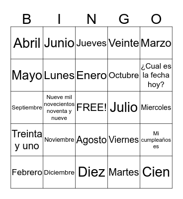 Bingo en español  Bingo Card