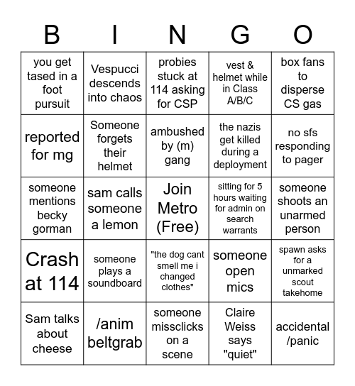 METRO BINGO Card