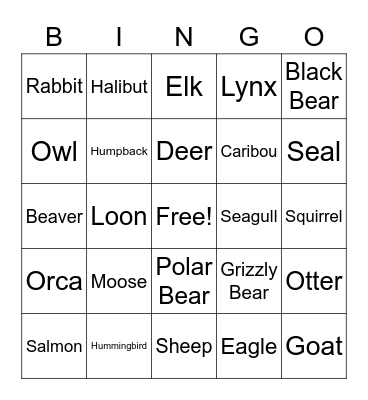 Canadian Animals Bingo Card