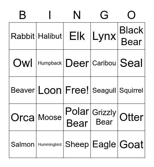 Canadian Animals Bingo Card