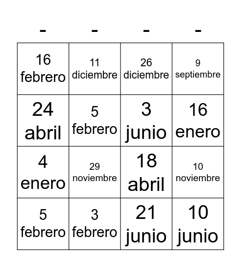 4th Hour: Mi cumpeaños es... Bingo Card