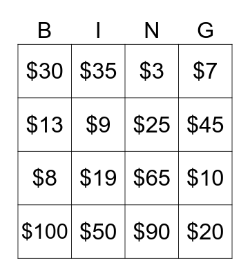 Money Bingo Card