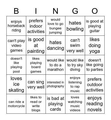 Interests & Hobbies Bingo Card