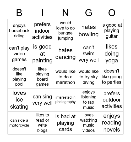 Interests & Hobbies Bingo Card