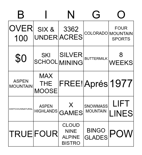 Aspen Snowmass Bingo Card