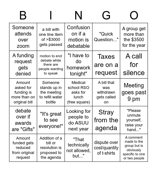 ASUU Assembly Bingo Card