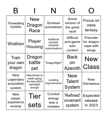 Wow Expac Announcement Bingo Card