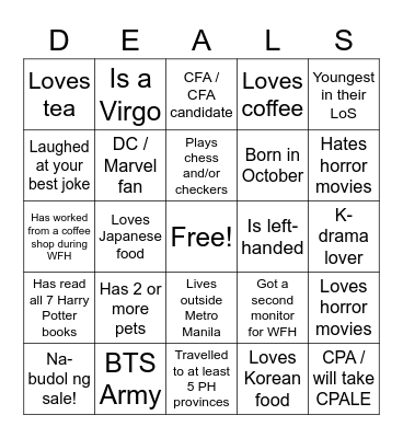 Deals Get-Together Bingo Card