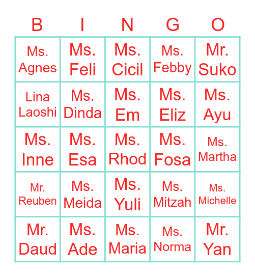 Primary Teachers Name Bingo Card