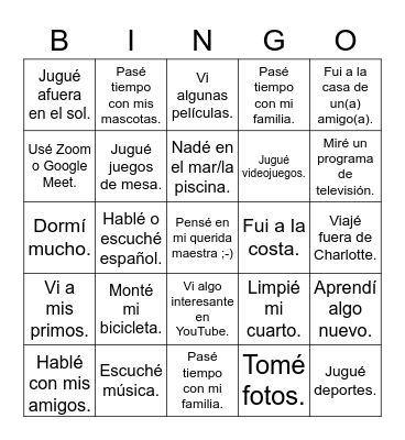 ¿Qué hiciste? Mis vacaciones de primavera Bingo Card