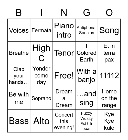 Choir Bingo Card