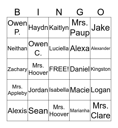 Name BINGO! Bingo Card