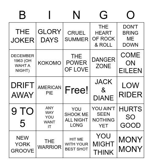 ROAD TRIP SONGS Bingo Card