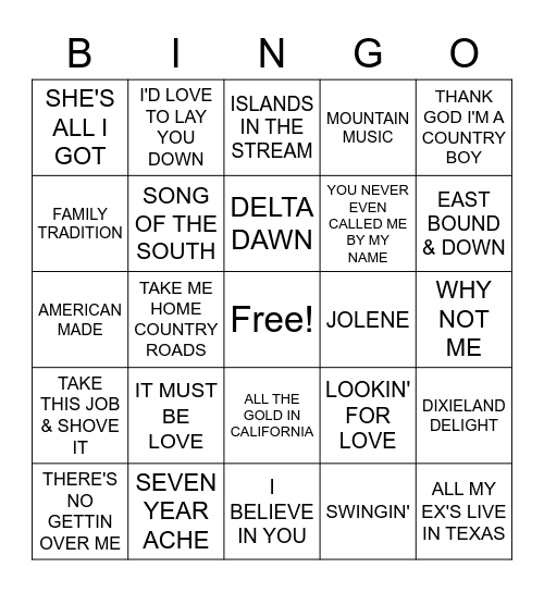 70'S & 80'S COUNTRY Bingo Card