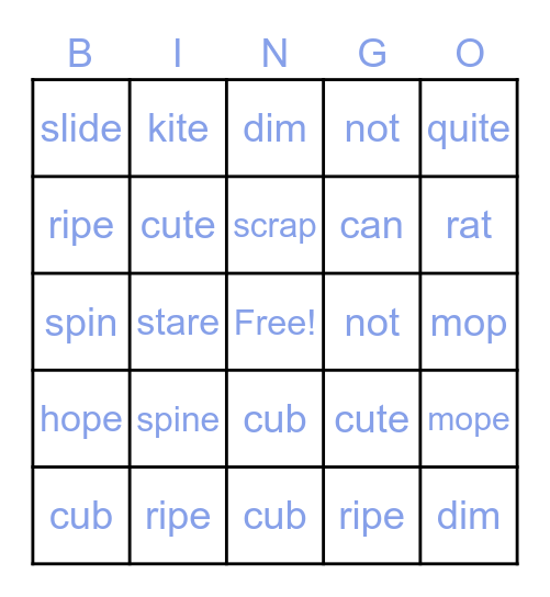 Magic E Bingo Card